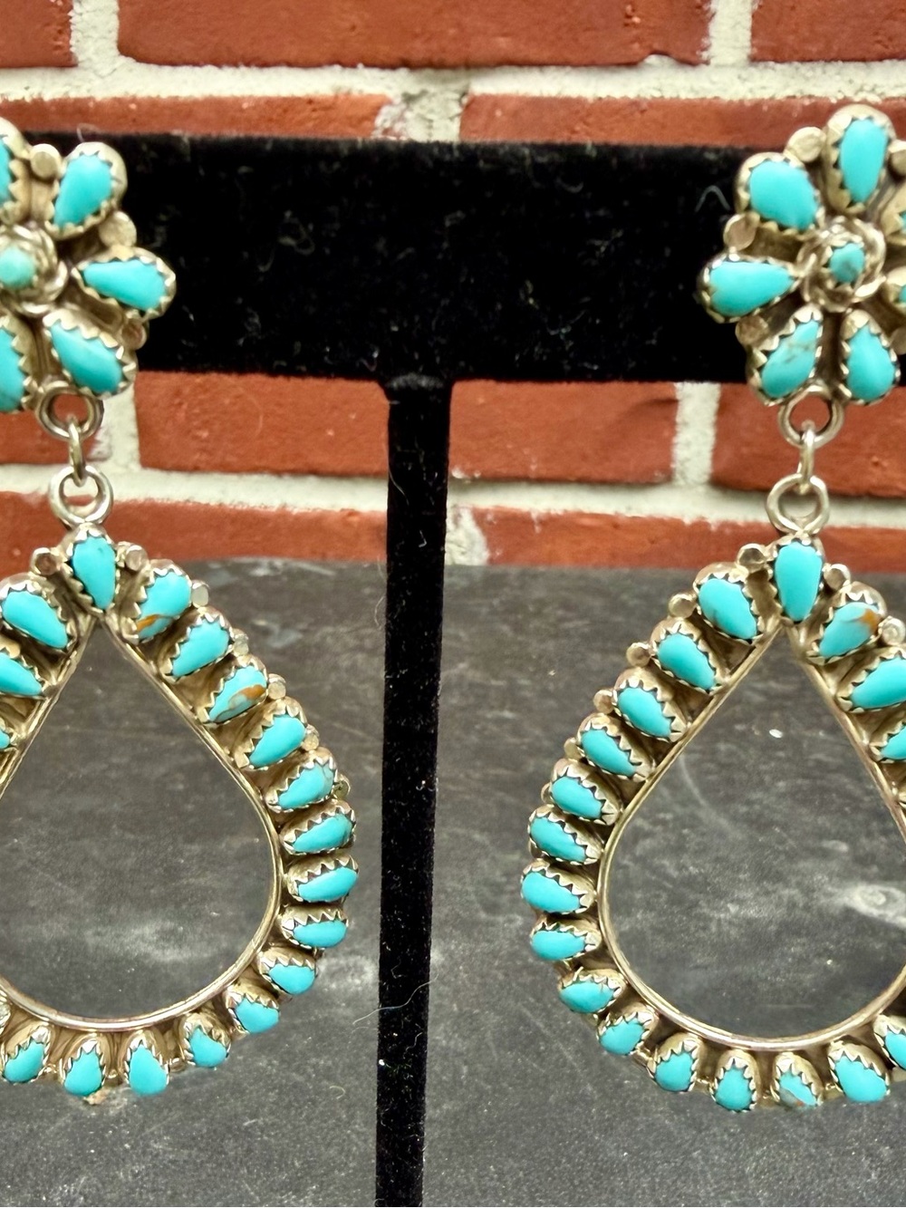 Genuine Turquoise Teardrop Cluster & Sterling Silver Earrings Artist MB